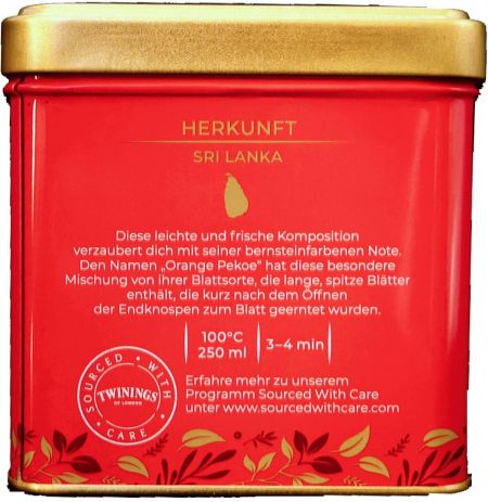 Twinings Pekoe Tee Rückseite Metalldose